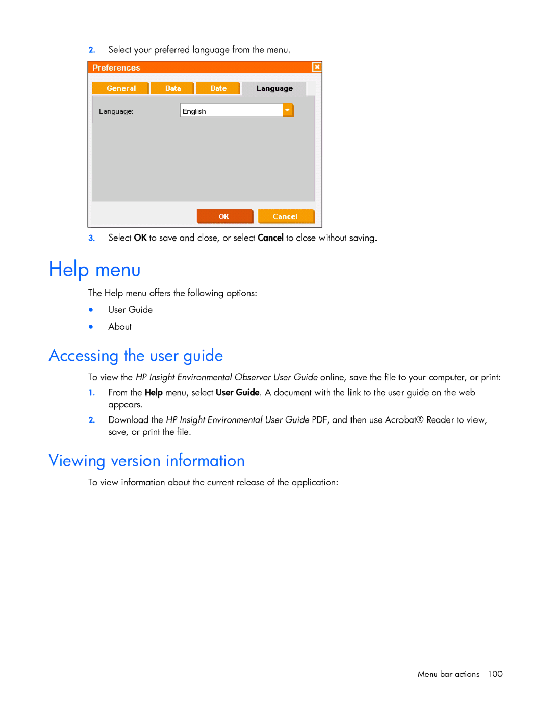 HP Data Center EnvIronmental Edge manual Help menu, Accessing the user guide, Viewing version information 