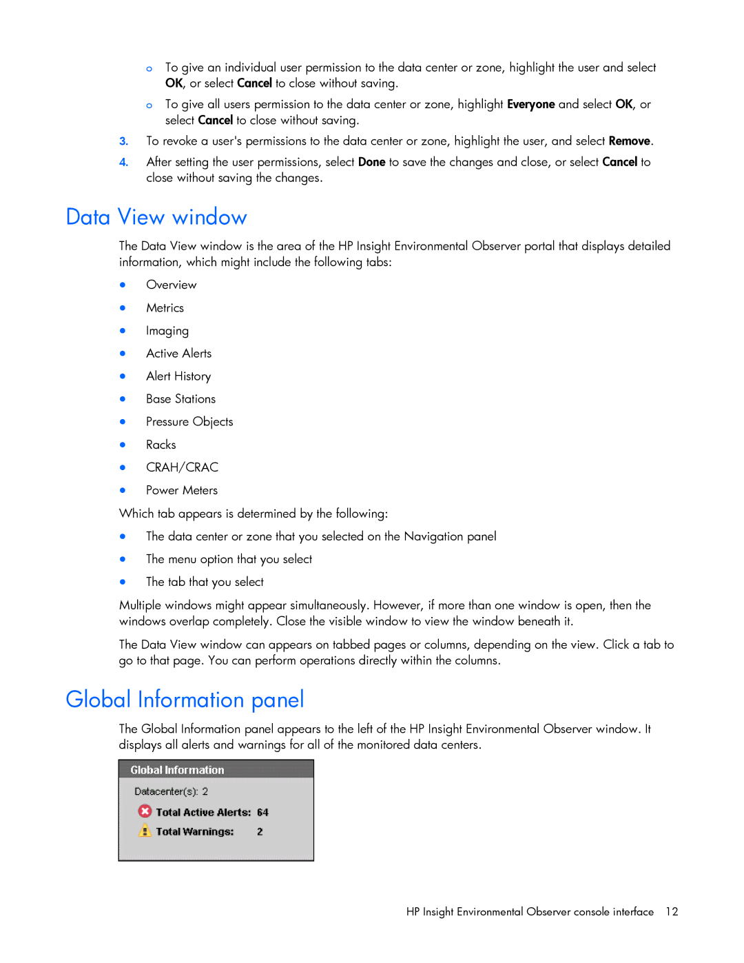 HP Data Center EnvIronmental Edge manual Data View window, Global Information panel 