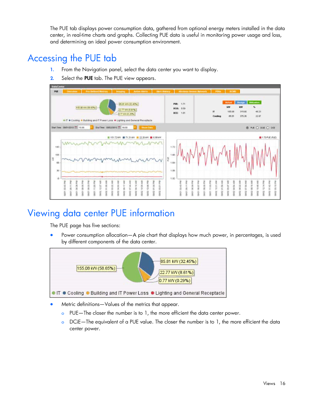 HP Data Center EnvIronmental Edge manual Accessing the PUE tab, Viewing data center PUE information 