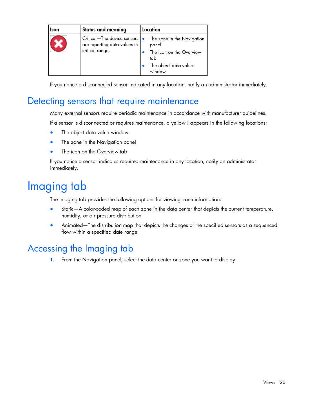 HP Data Center EnvIronmental Edge manual Detecting sensors that require maintenance, Accessing the Imaging tab 