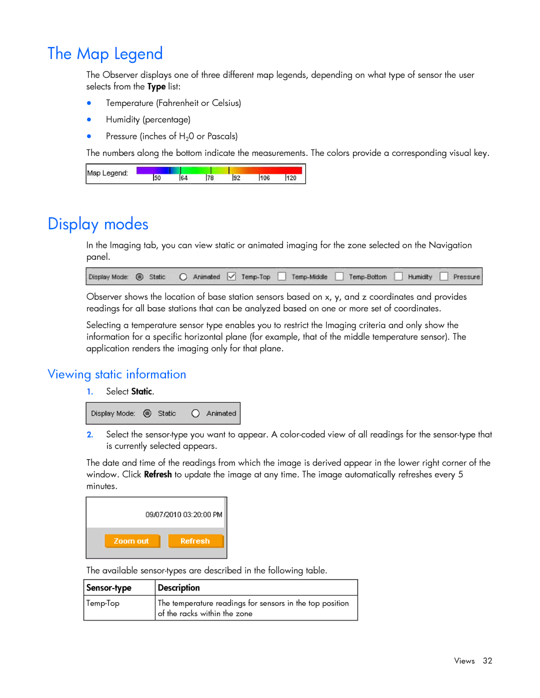 HP Data Center EnvIronmental Edge manual Map Legend, Display modes, Viewing static information 