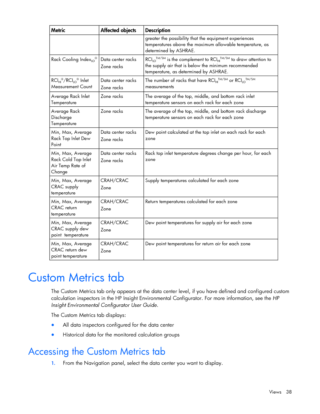 HP Data Center EnvIronmental Edge manual Accessing the Custom Metrics tab 