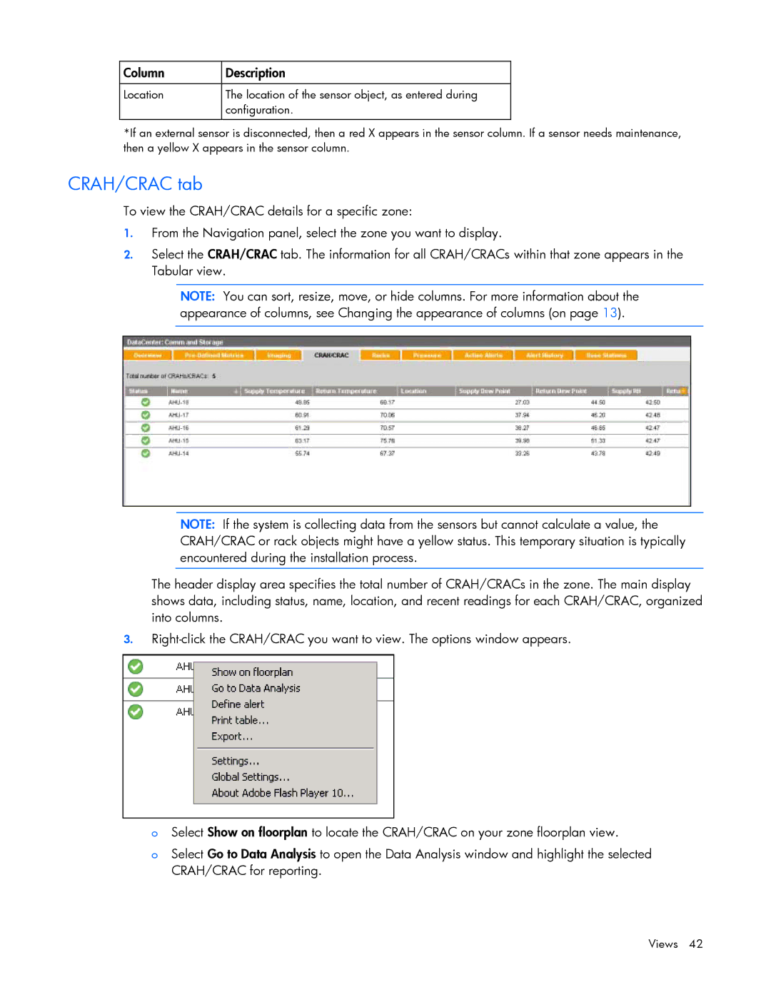 HP Data Center EnvIronmental Edge manual CRAH/CRAC tab, Column Description 