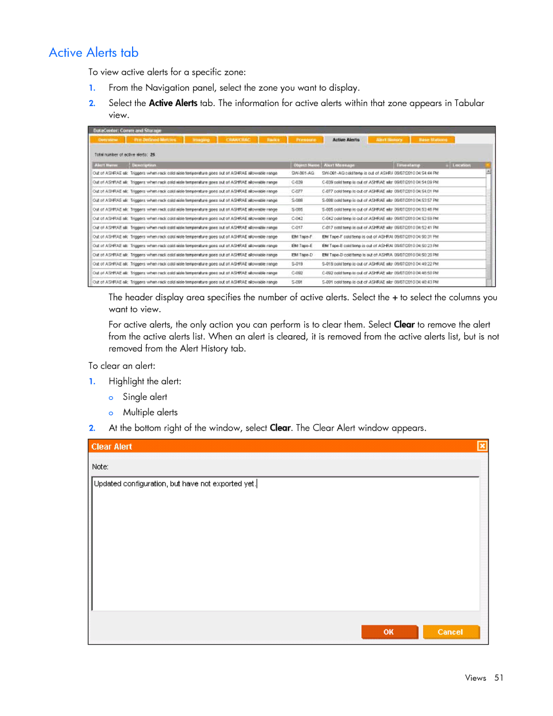 HP Data Center EnvIronmental Edge manual Active Alerts tab 