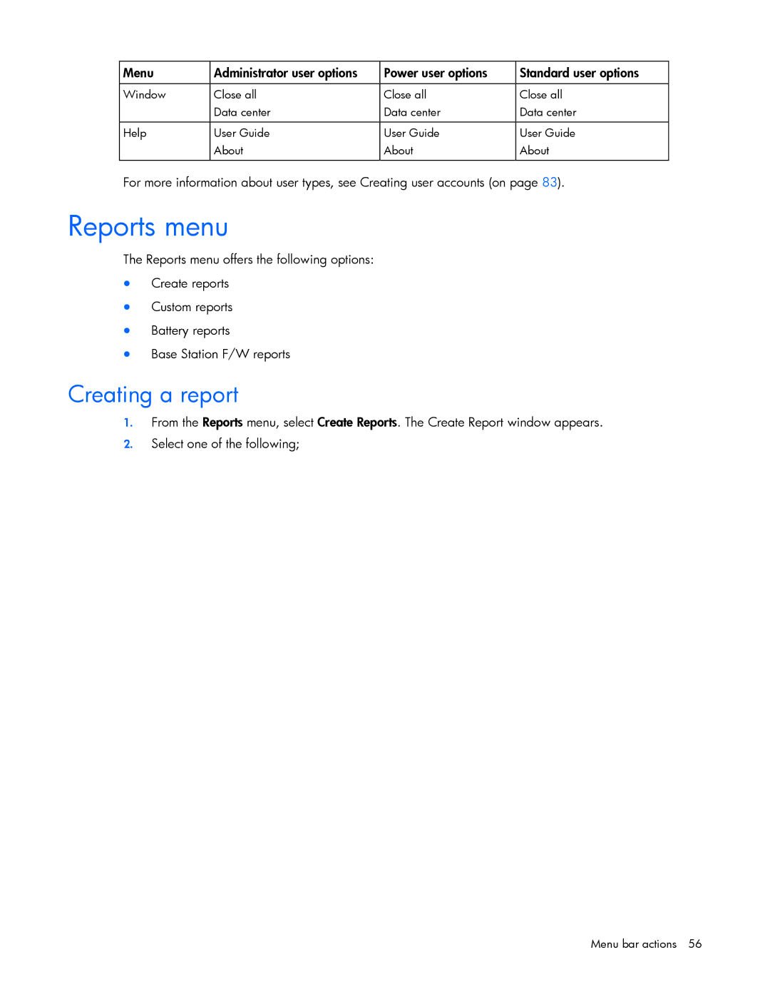 HP Data Center EnvIronmental Edge manual Reports menu, Creating a report 