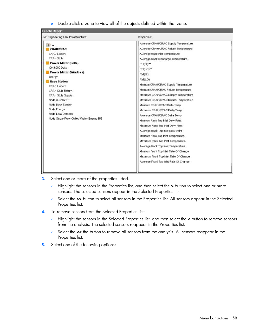 HP Data Center EnvIronmental Edge manual Menu bar actions 