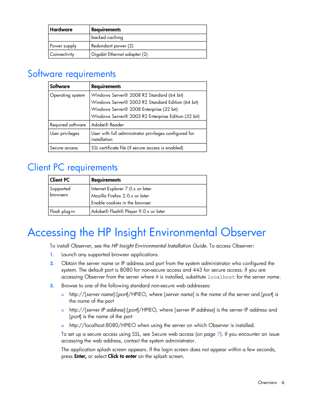 HP Data Center EnvIronmental Edge manual Accessing the HP Insight Environmental Observer, Software requirements 