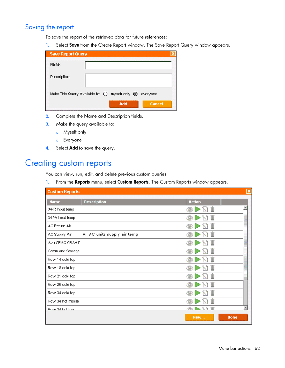 HP Data Center EnvIronmental Edge manual Creating custom reports, Saving the report 