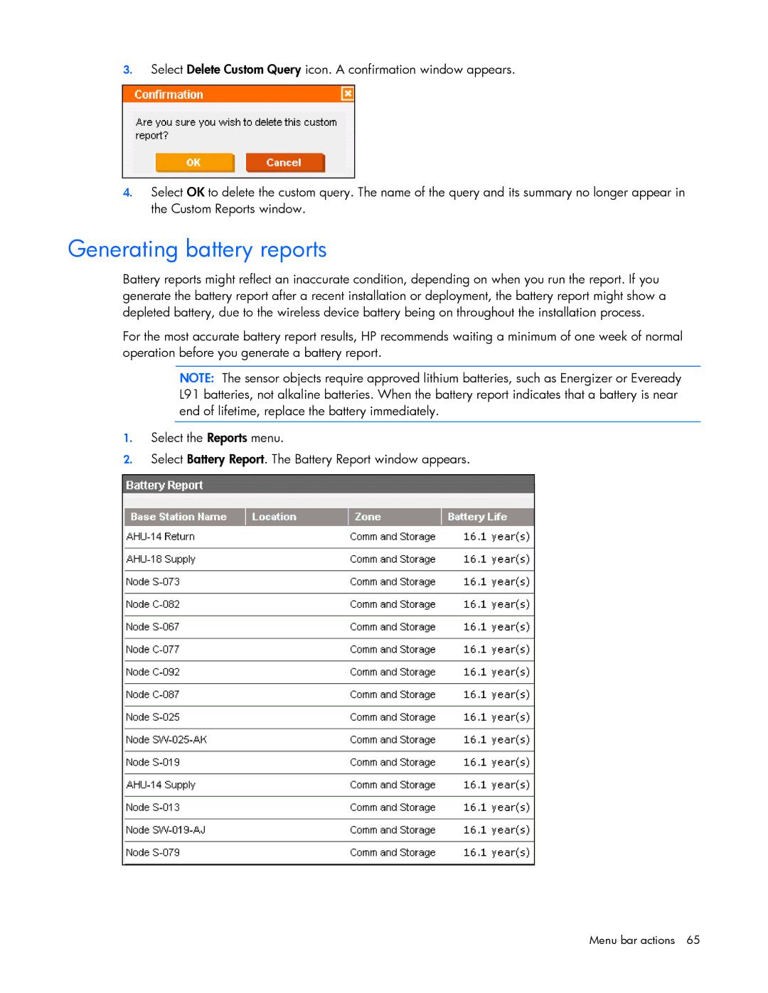 HP Data Center EnvIronmental Edge manual Generating battery reports 