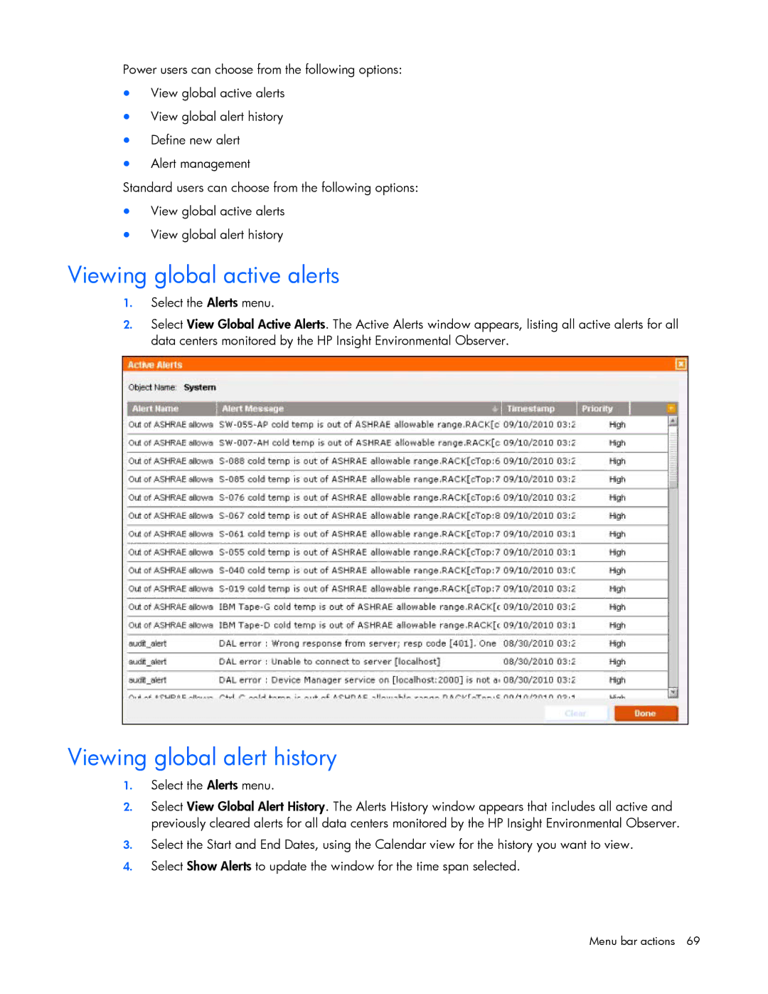 HP Data Center EnvIronmental Edge manual Viewing global active alerts, Viewing global alert history 