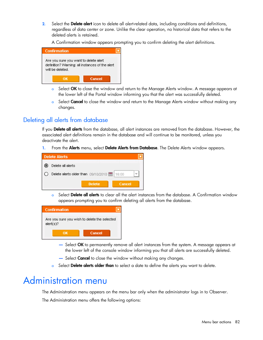 HP Data Center EnvIronmental Edge manual Administration menu, Deleting all alerts from database 