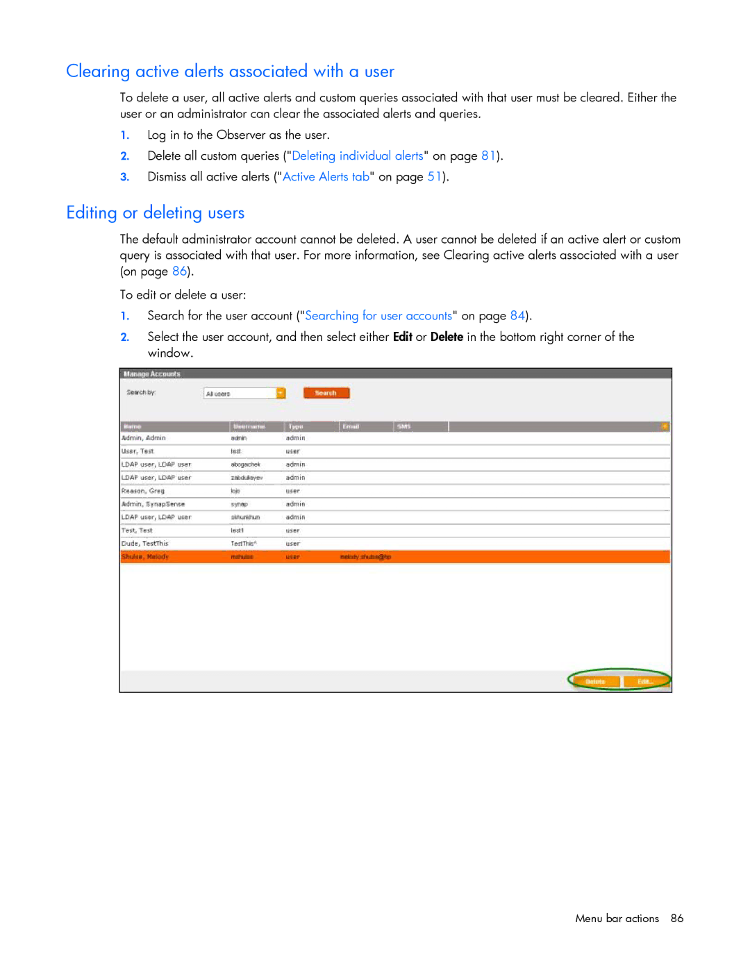 HP Data Center EnvIronmental Edge manual Clearing active alerts associated with a user, Editing or deleting users 