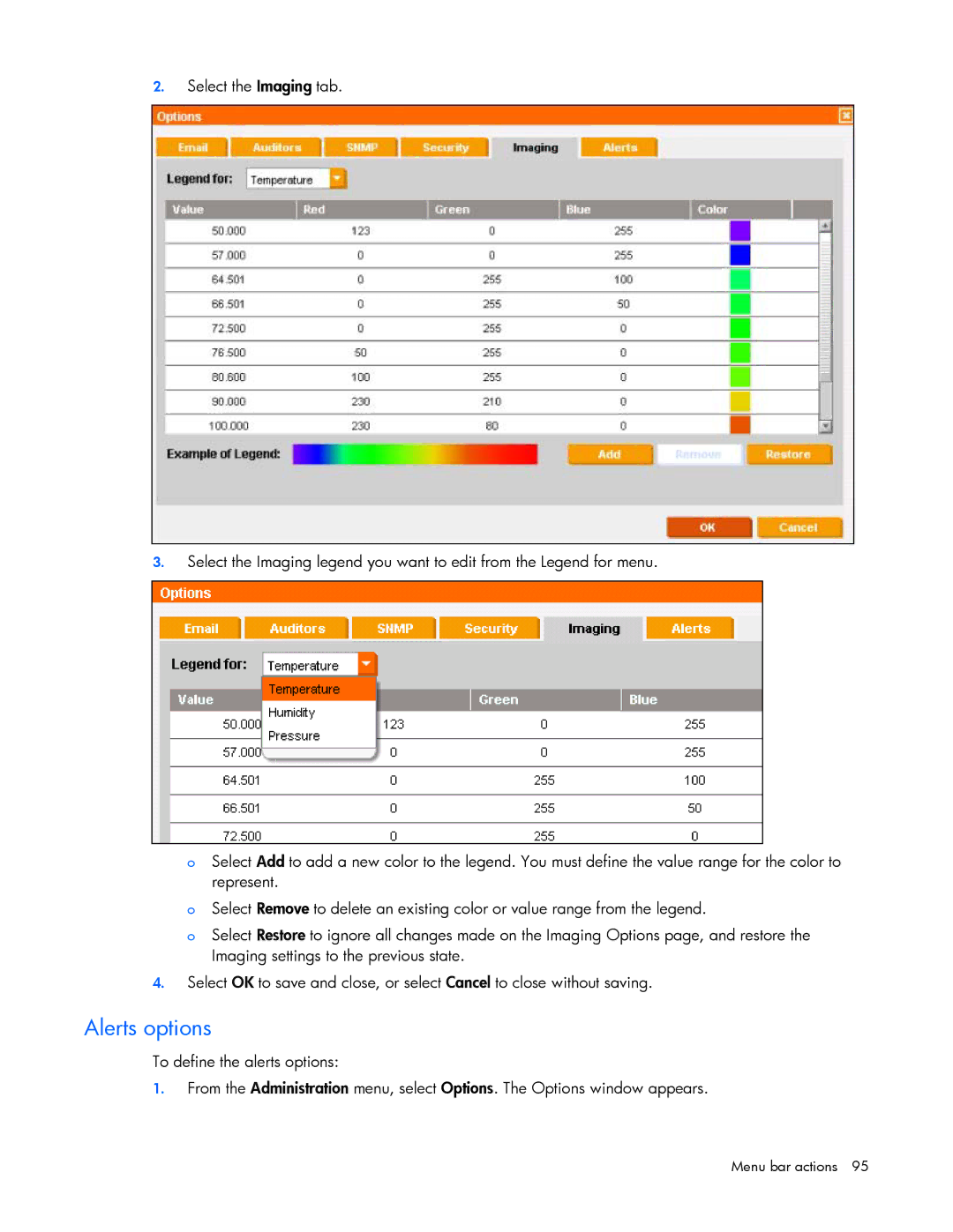 HP Data Center EnvIronmental Edge manual Alerts options 