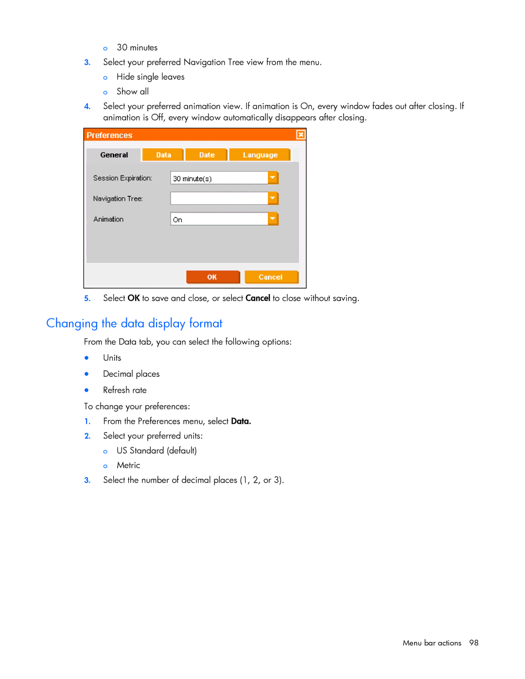 HP Data Center EnvIronmental Edge manual Changing the data display format 