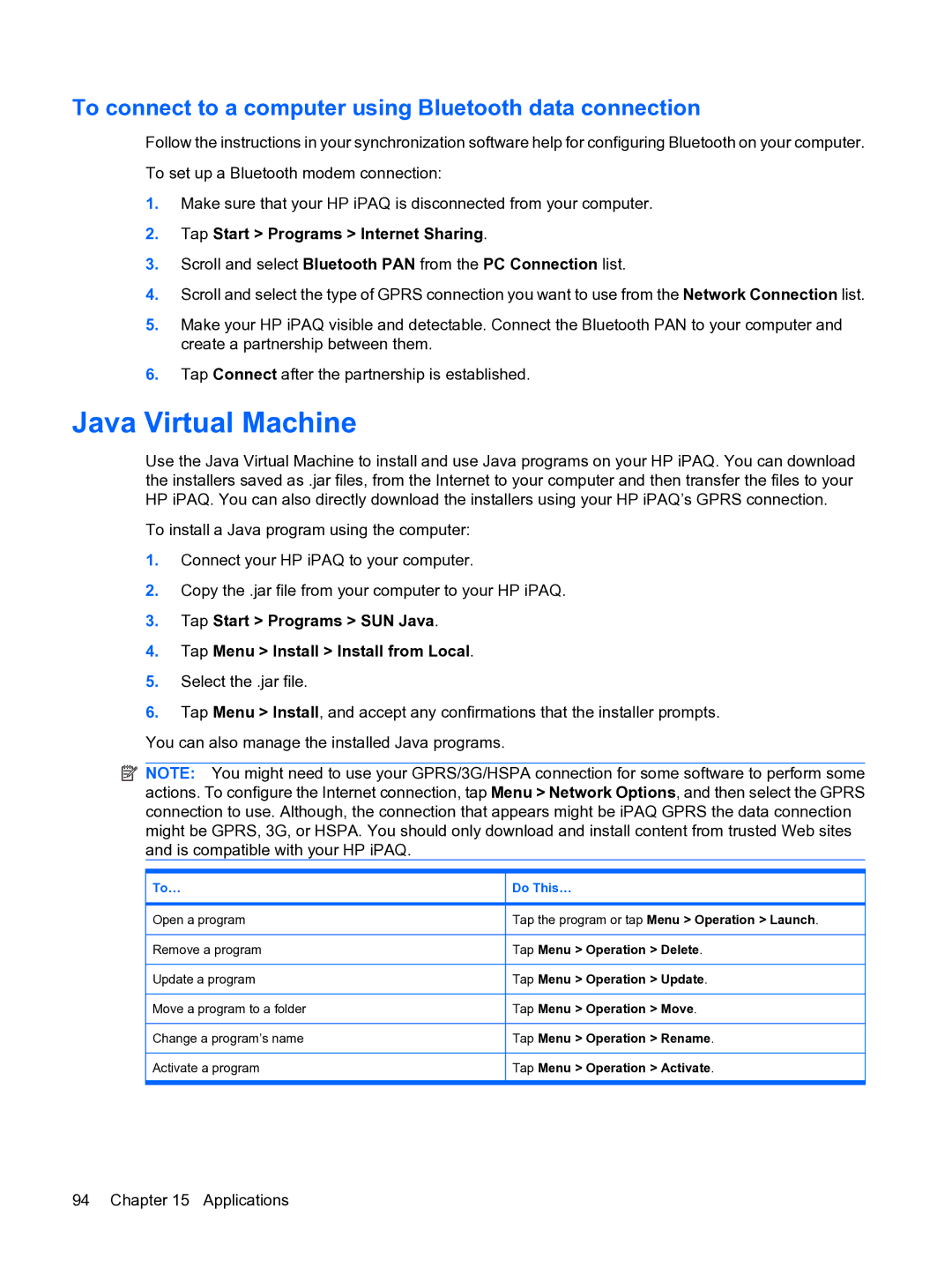 HP Data Messenger manual Java Virtual Machine, To connect to a computer using Bluetooth data connection, To… Do This… 