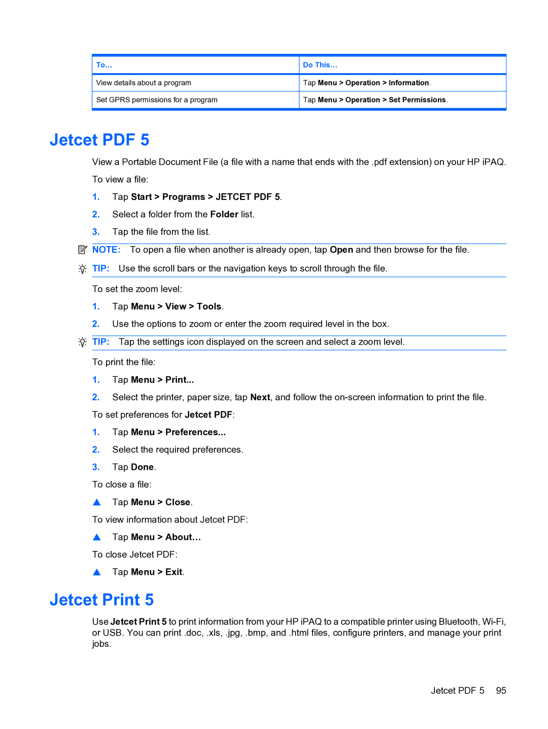 HP Data Messenger manual Jetcet Print, Tap Menu View Tools, Tap Menu Print Tap Menu Preferences, To… 