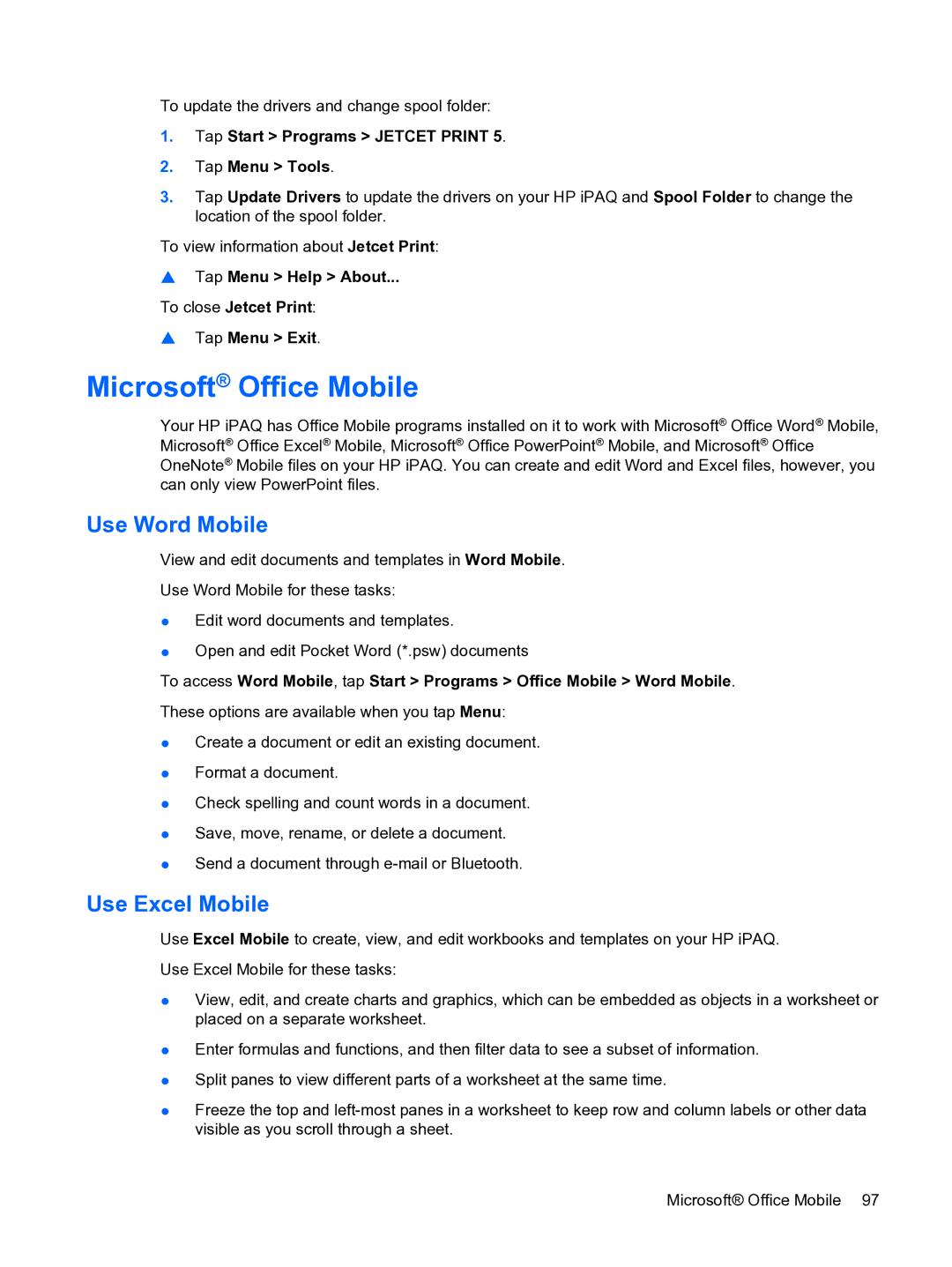 HP Data Messenger manual Microsoft Office Mobile, Use Word Mobile, Use Excel Mobile 