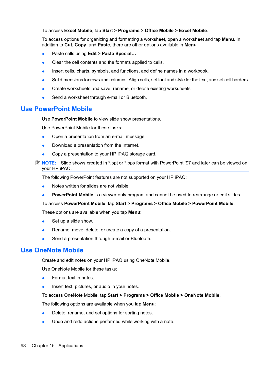 HP Data Messenger manual Use PowerPoint Mobile, Use OneNote Mobile, Paste cells using Edit Paste Special… 