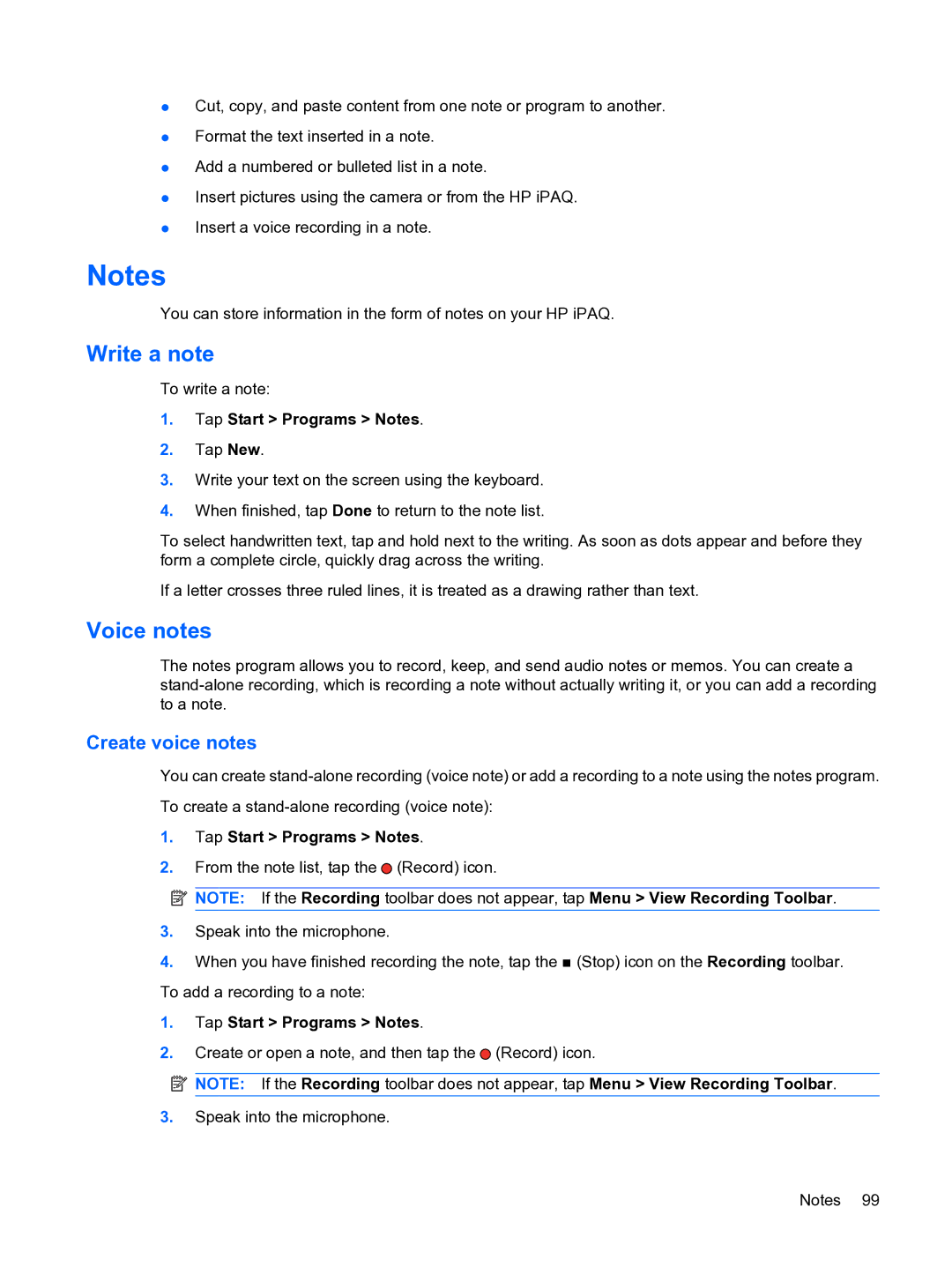 HP Data Messenger manual Write a note, Voice notes, Tap Start Programs Notes 