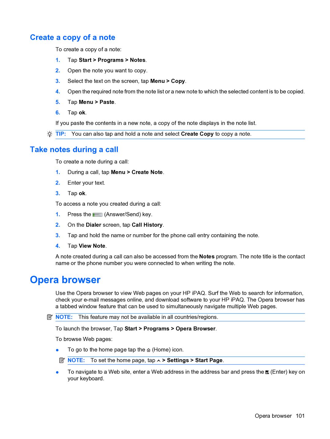 HP Data Messenger manual Opera browser, Create a copy of a note, Take notes during a call, Tap View Note 