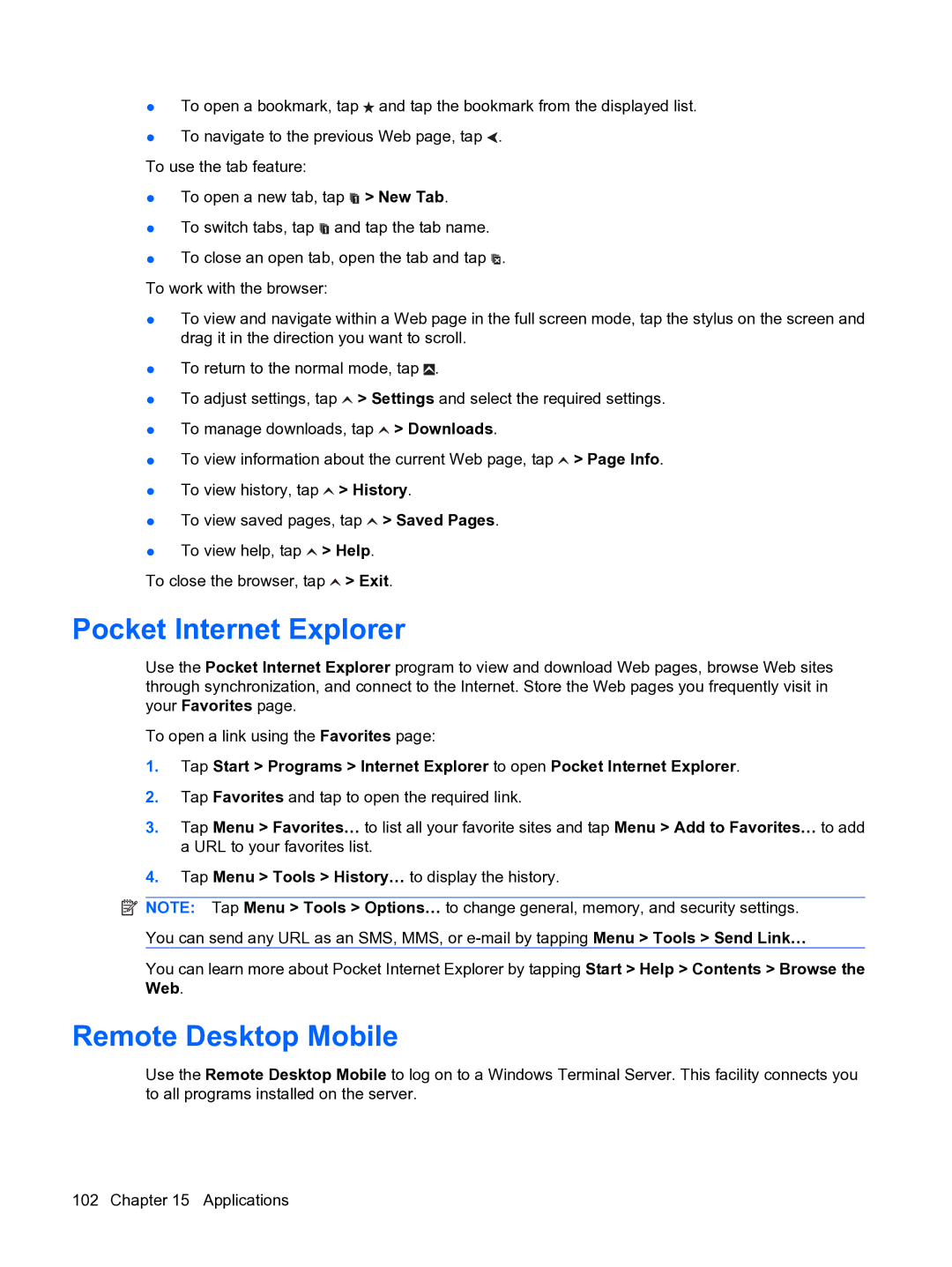 HP Data Messenger manual Pocket Internet Explorer, Remote Desktop Mobile 