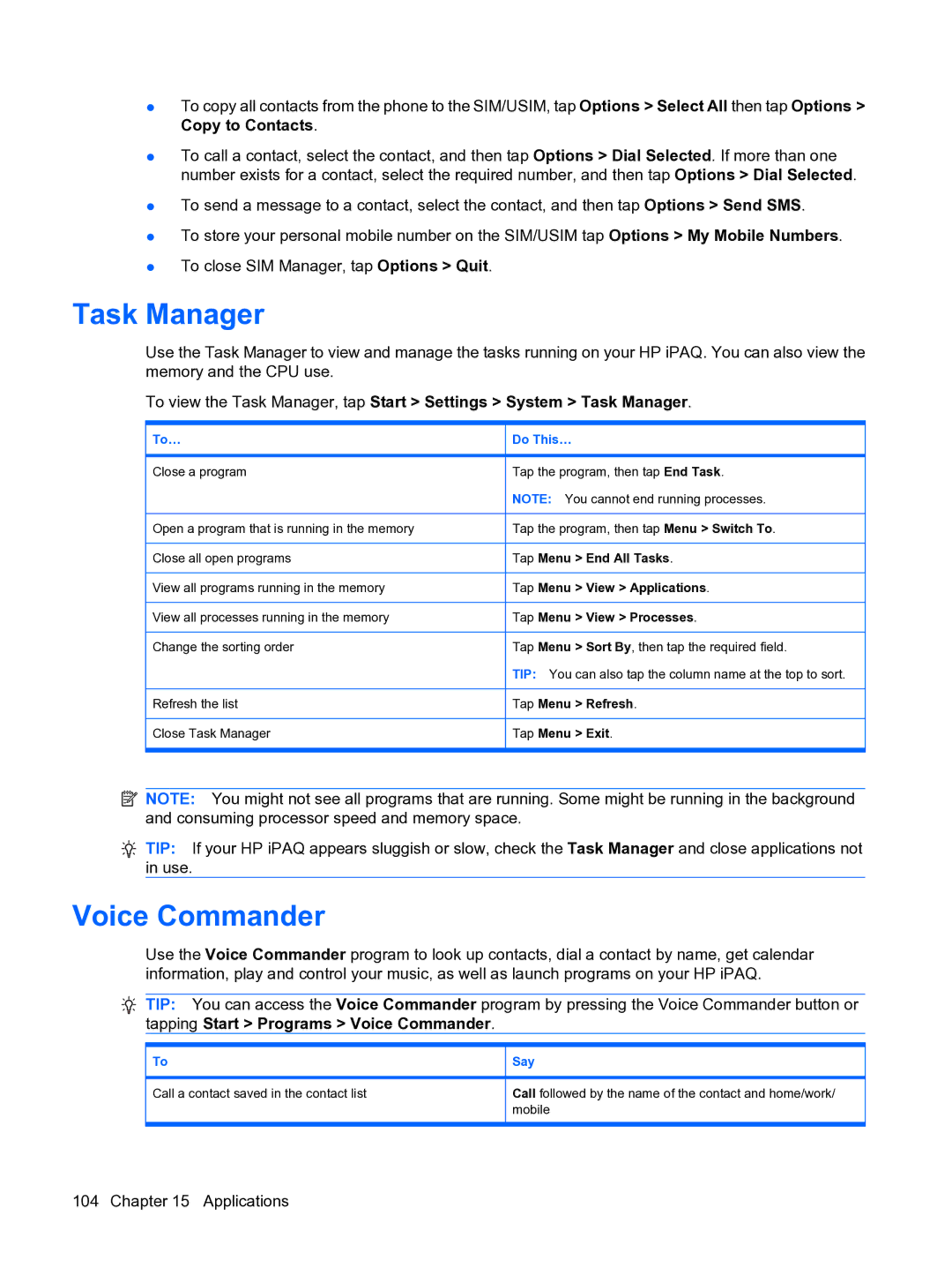 HP Data Messenger manual Task Manager, Voice Commander, Say 