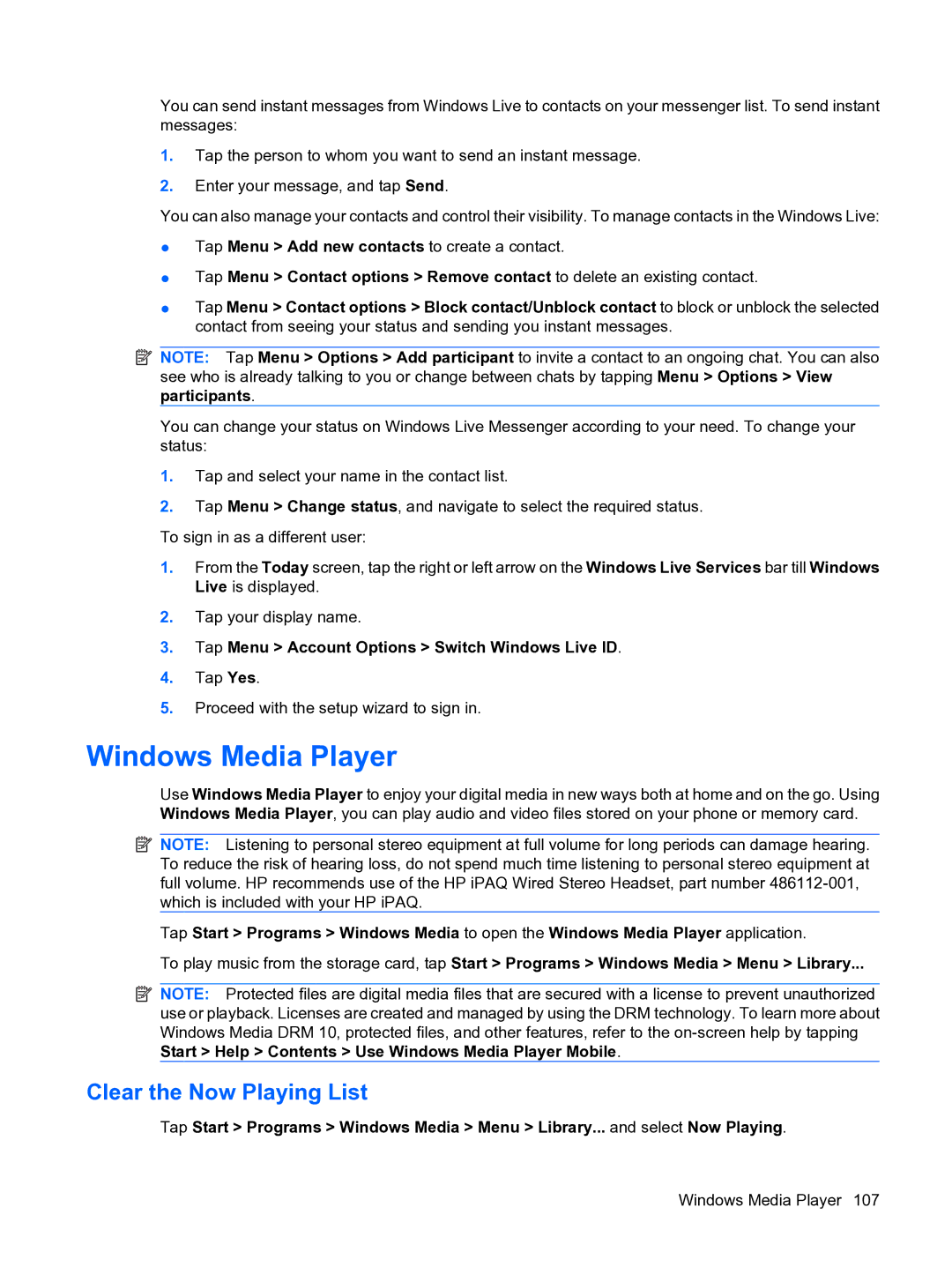 HP Data Messenger manual Windows Media Player, Clear the Now Playing List, Tap Menu Account Options Switch Windows Live ID 