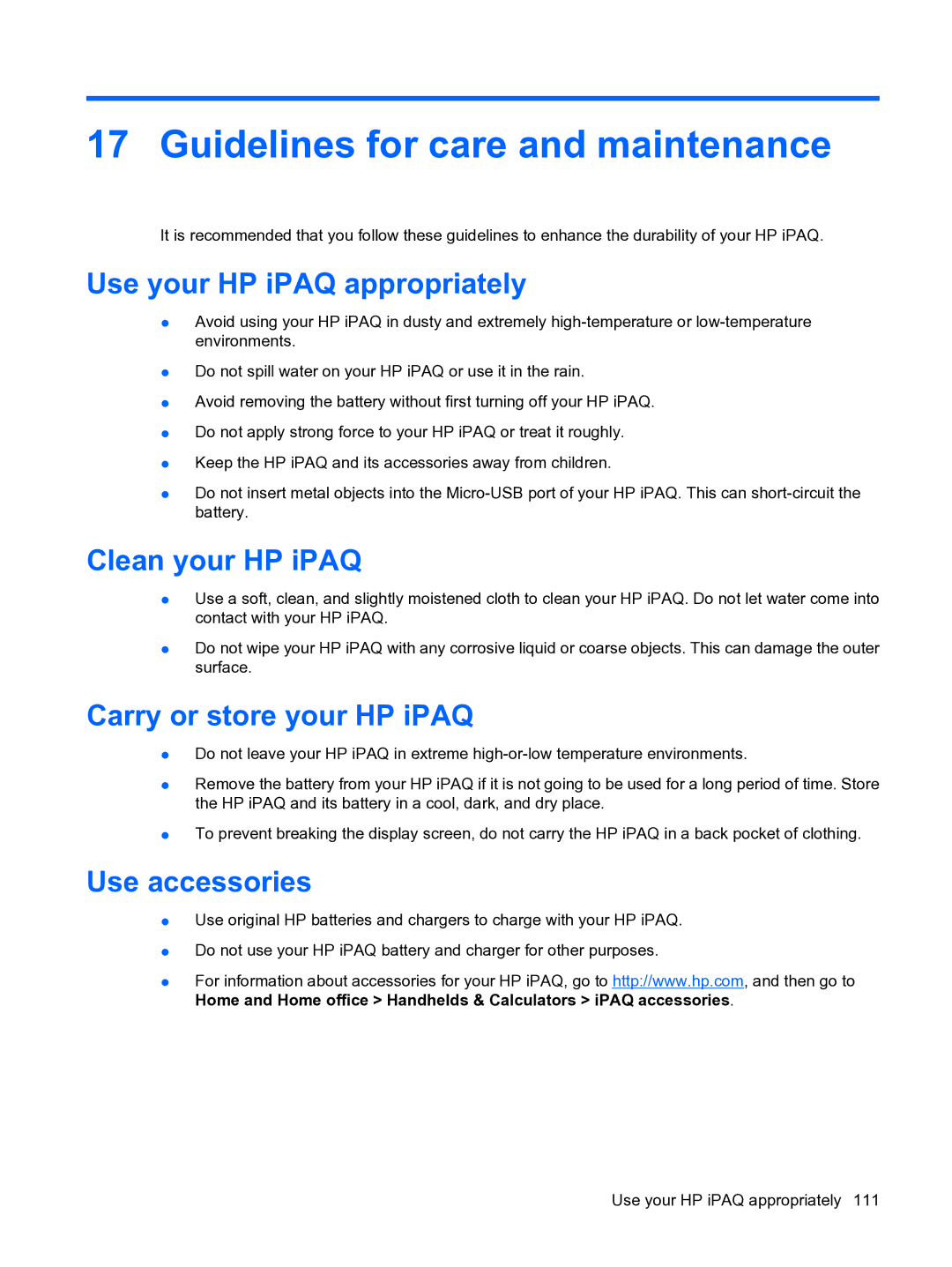 HP Data Messenger Guidelines for care and maintenance, Use your HP iPAQ appropriately, Clean your HP iPAQ, Use accessories 