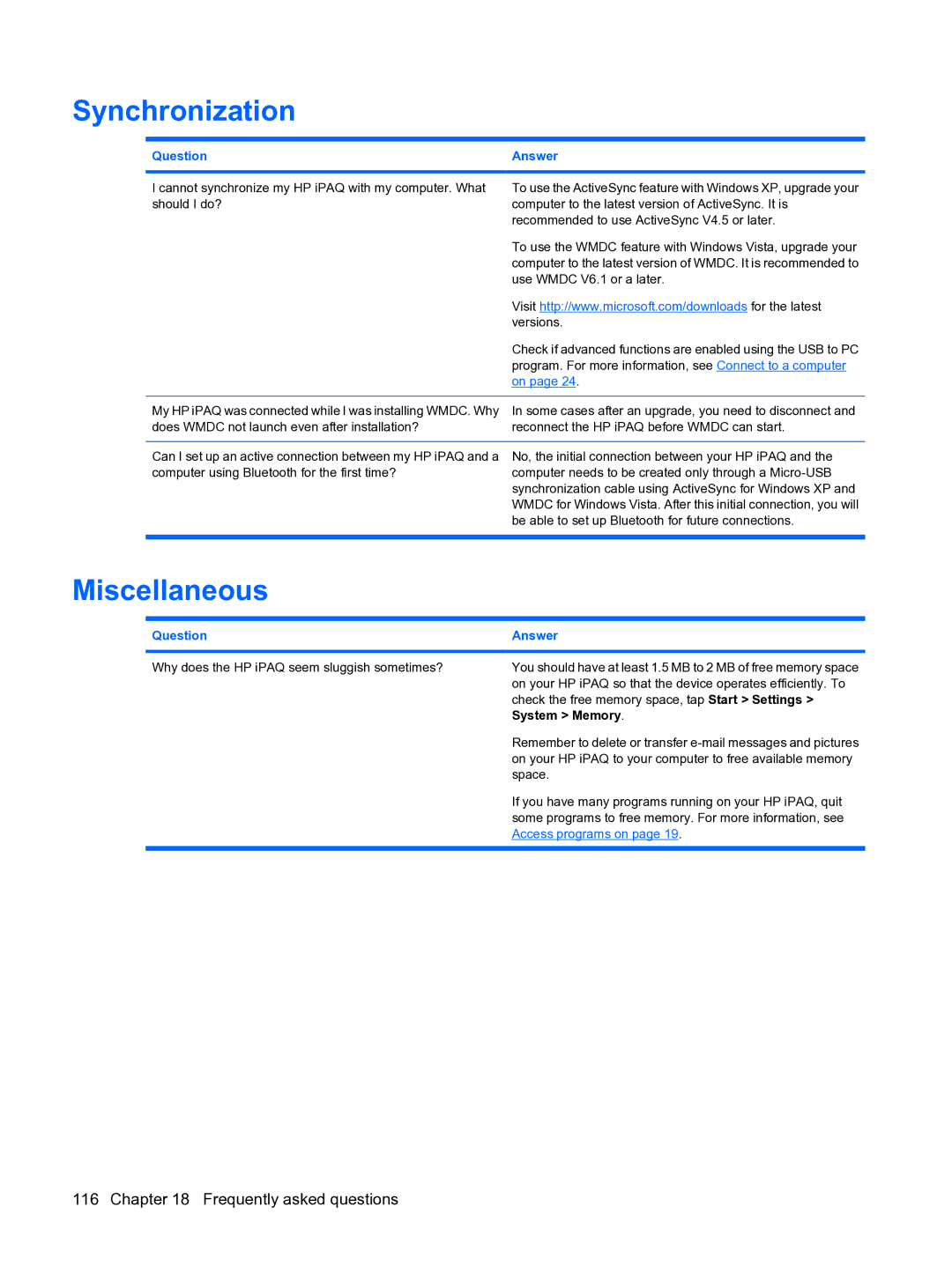 HP Data Messenger manual Synchronization, Miscellaneous 