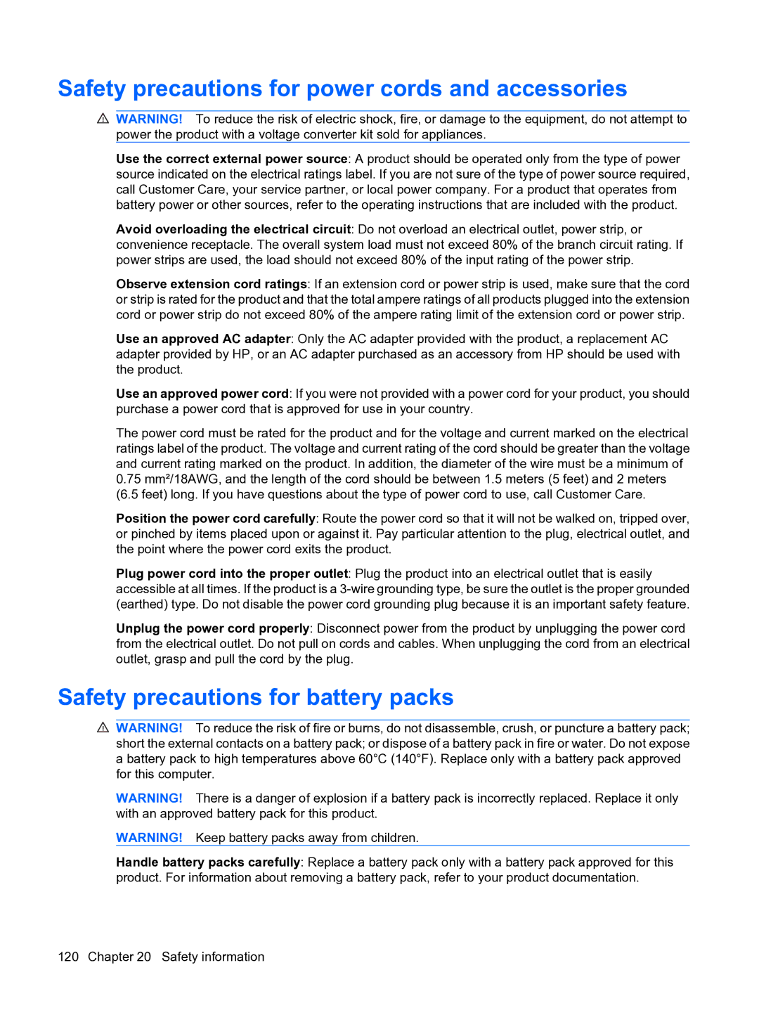 HP Data Messenger manual Safety precautions for power cords and accessories, Safety precautions for battery packs 