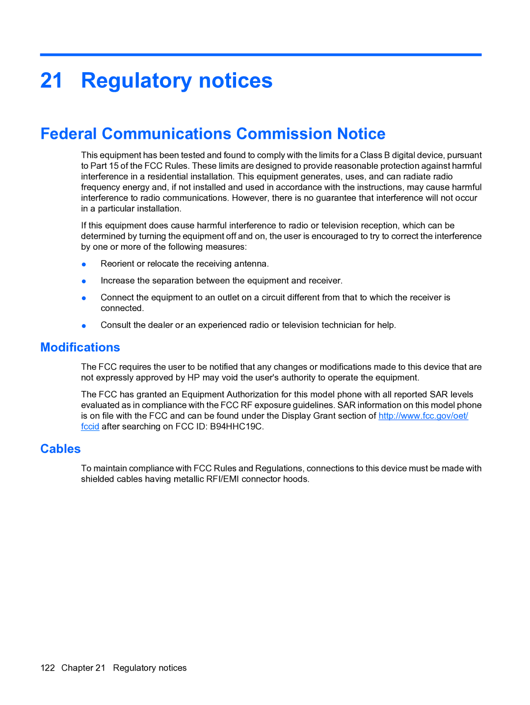 HP Data Messenger manual Regulatory notices, Federal Communications Commission Notice, Modifications, Cables 