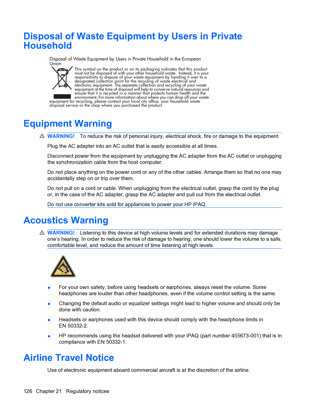 HP Data Messenger manual Disposal of Waste Equipment by Users in Private Household, Equipment Warning, Acoustics Warning 