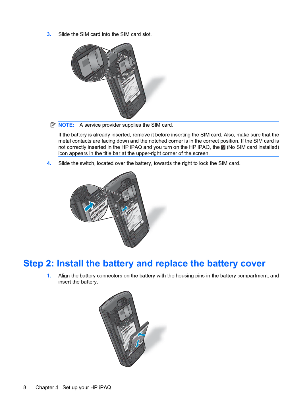 HP Data Messenger manual Install the battery and replace the battery cover 