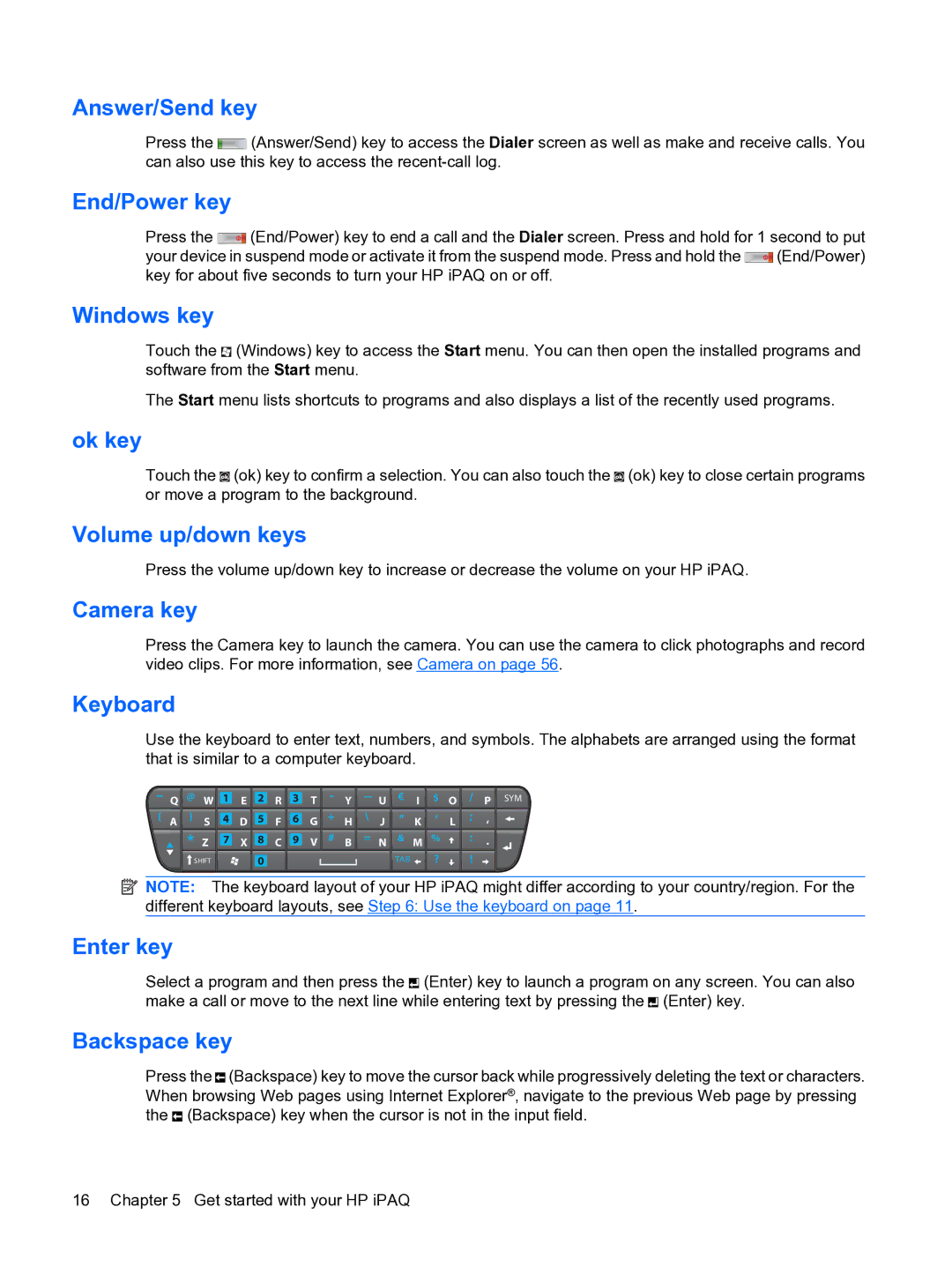 HP Data Messenger manual Answer/Send key, End/Power key, Windows key, Ok key, Volume up/down keys, Camera key, Keyboard 