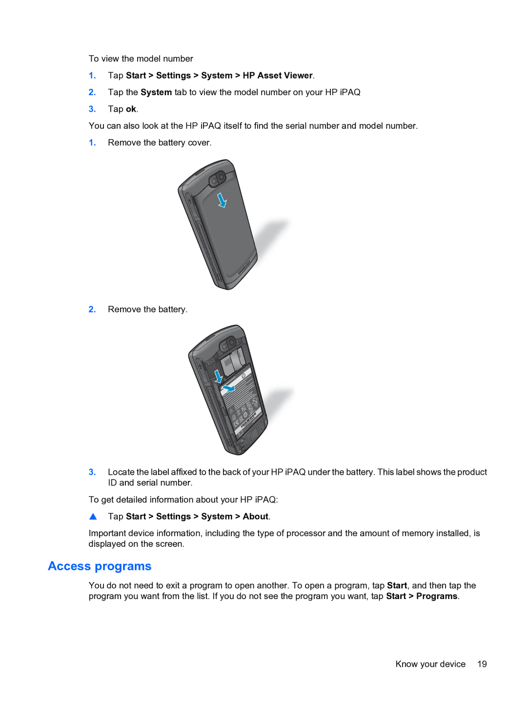 HP Data Messenger manual Access programs, Tap Start Settings System About 