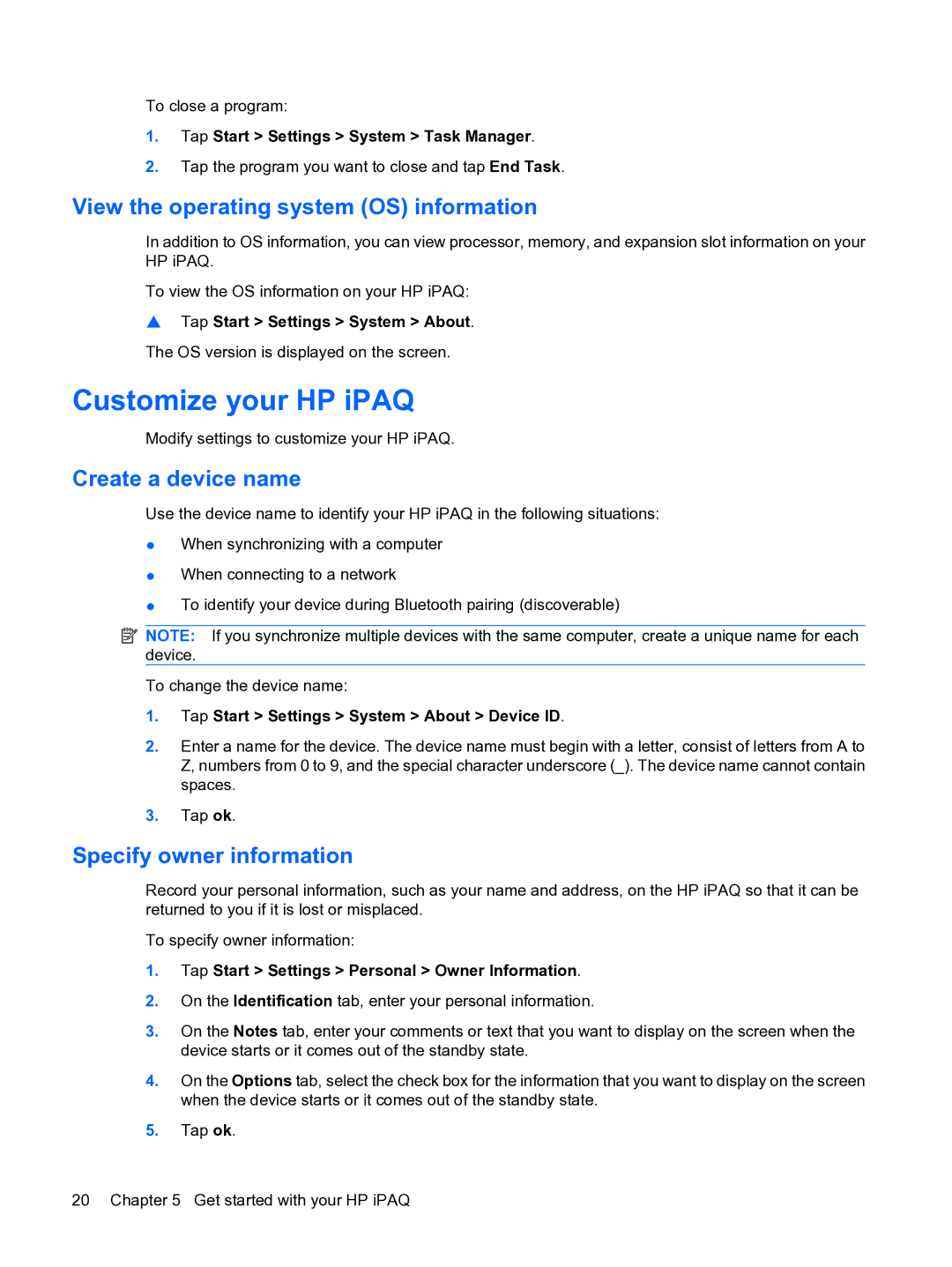 HP Data Messenger manual Customize your HP iPAQ, View the operating system OS information, Create a device name 