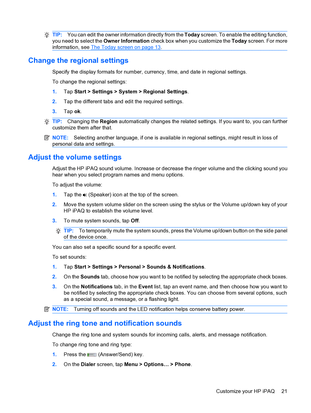 HP Data Messenger Change the regional settings, Adjust the volume settings, Adjust the ring tone and notification sounds 