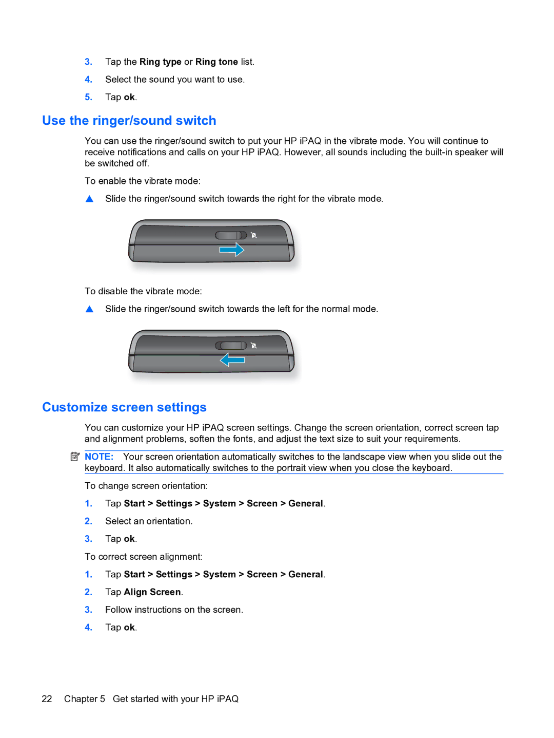 HP Data Messenger manual Use the ringer/sound switch, Customize screen settings, Tap the Ring type or Ring tone list 