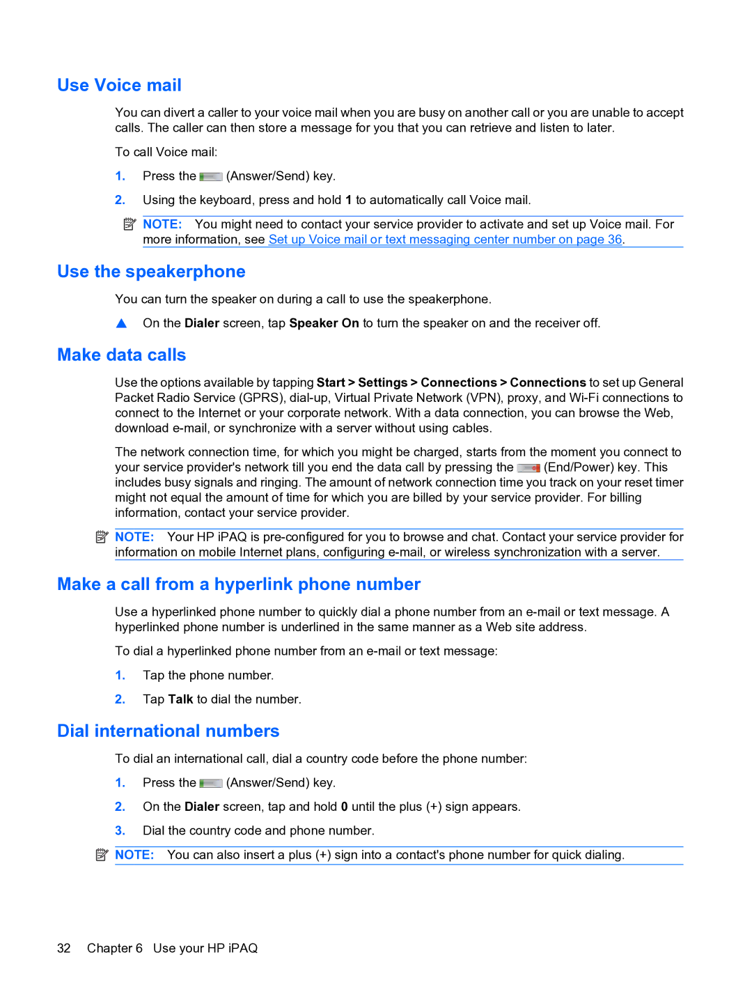 HP Data Messenger manual Use Voice mail, Use the speakerphone, Make data calls, Make a call from a hyperlink phone number 