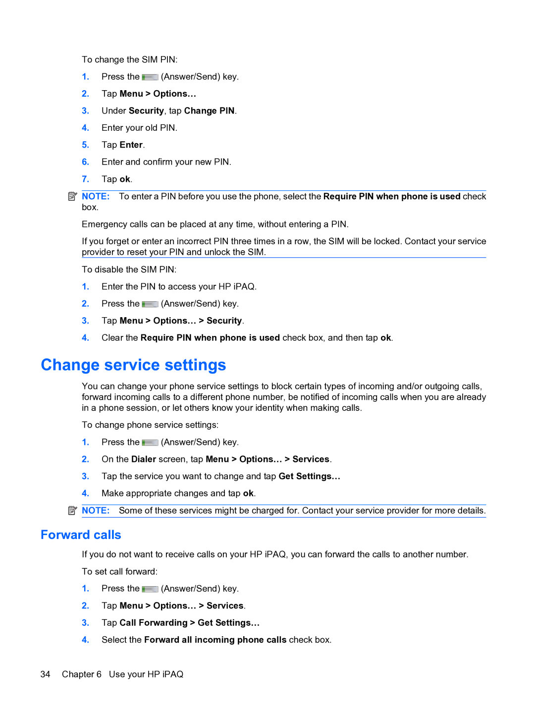 HP Data Messenger manual Change service settings, Forward calls, Tap Menu Options… Under Security, tap Change PIN 