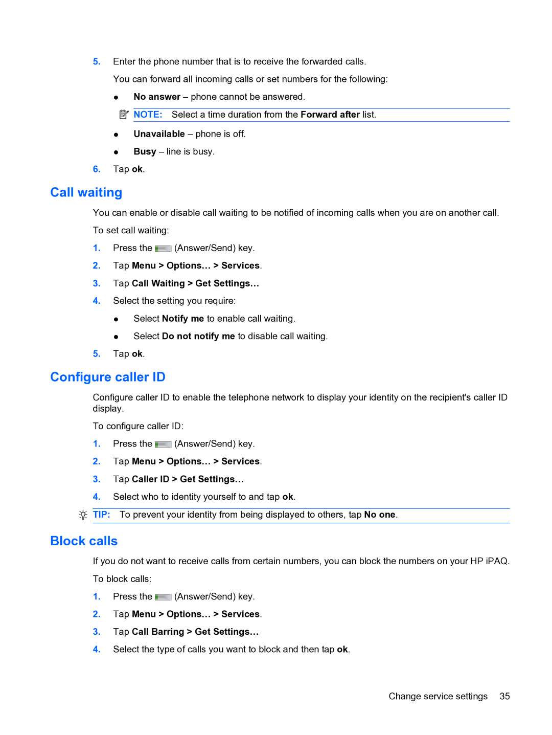 HP Data Messenger manual Call waiting, Configure caller ID, Block calls 