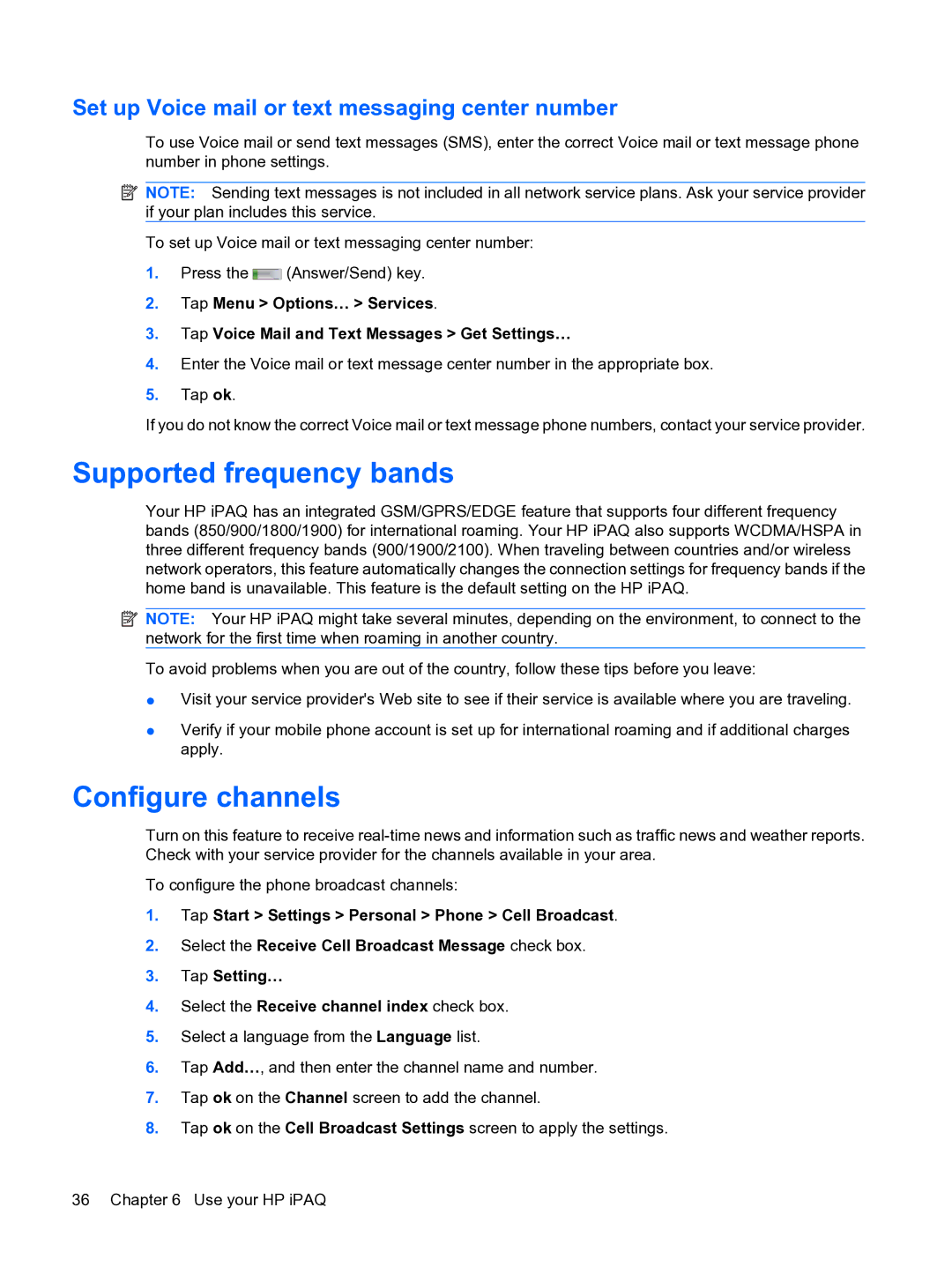 HP Data Messenger manual Supported frequency bands, Configure channels, Set up Voice mail or text messaging center number 