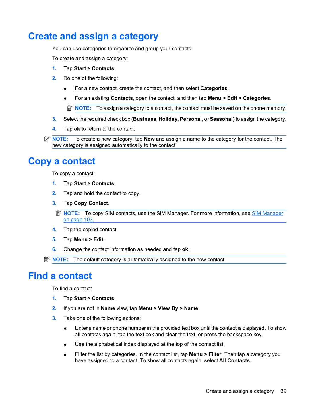 HP Data Messenger manual Create and assign a category, Copy a contact, Find a contact, Tap Copy Contact, Tap Menu Edit 