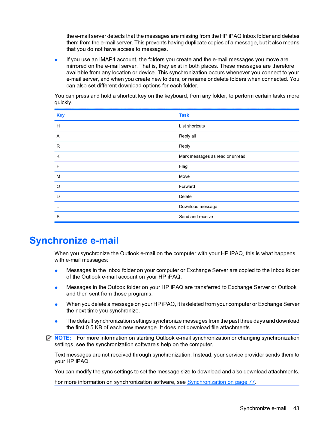 HP Data Messenger manual Synchronize e-mail, Key Task 