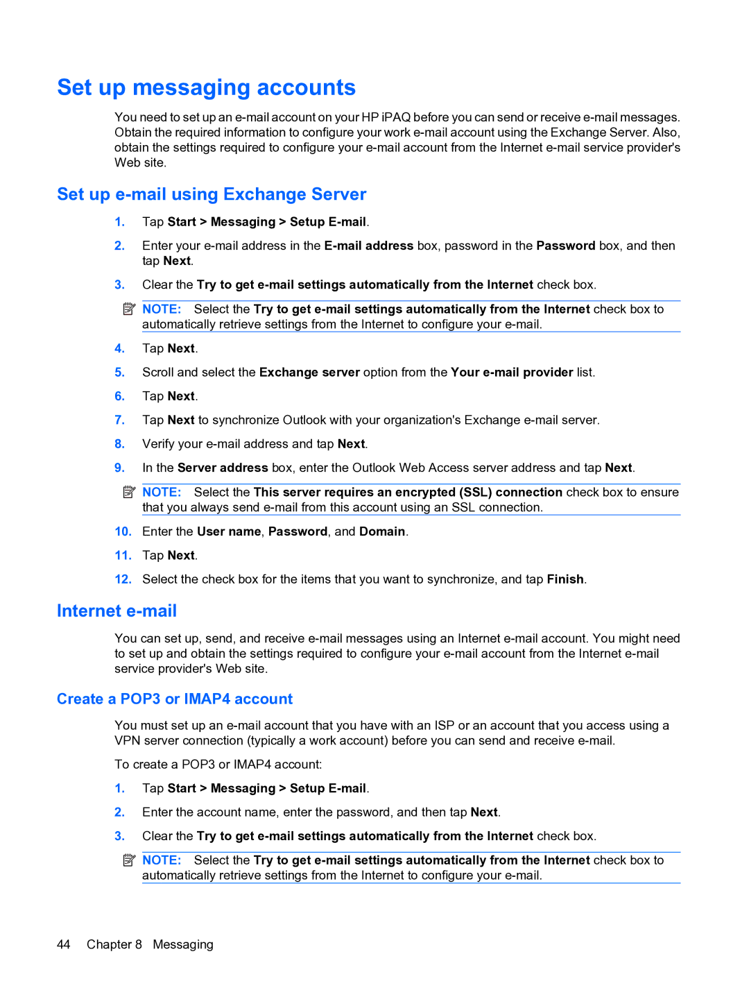 HP Data Messenger manual Set up messaging accounts, Set up e-mail using Exchange Server, Internet e-mail 