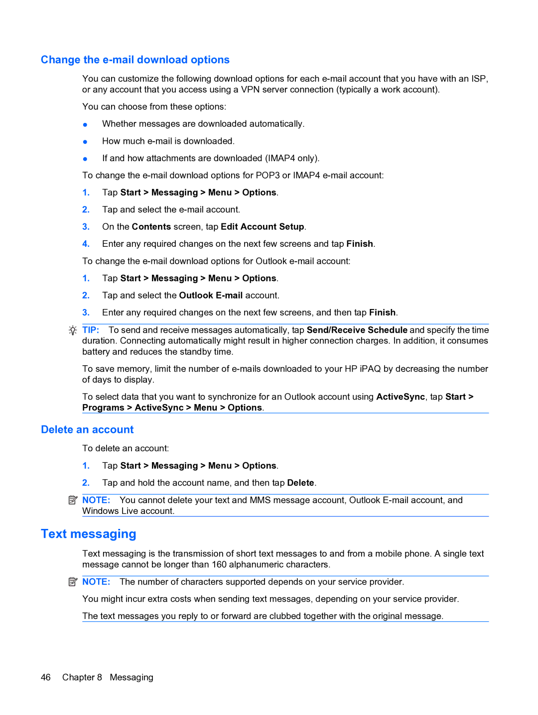 HP Data Messenger manual Text messaging, Tap Start Messaging Menu Options, On the Contents screen, tap Edit Account Setup 