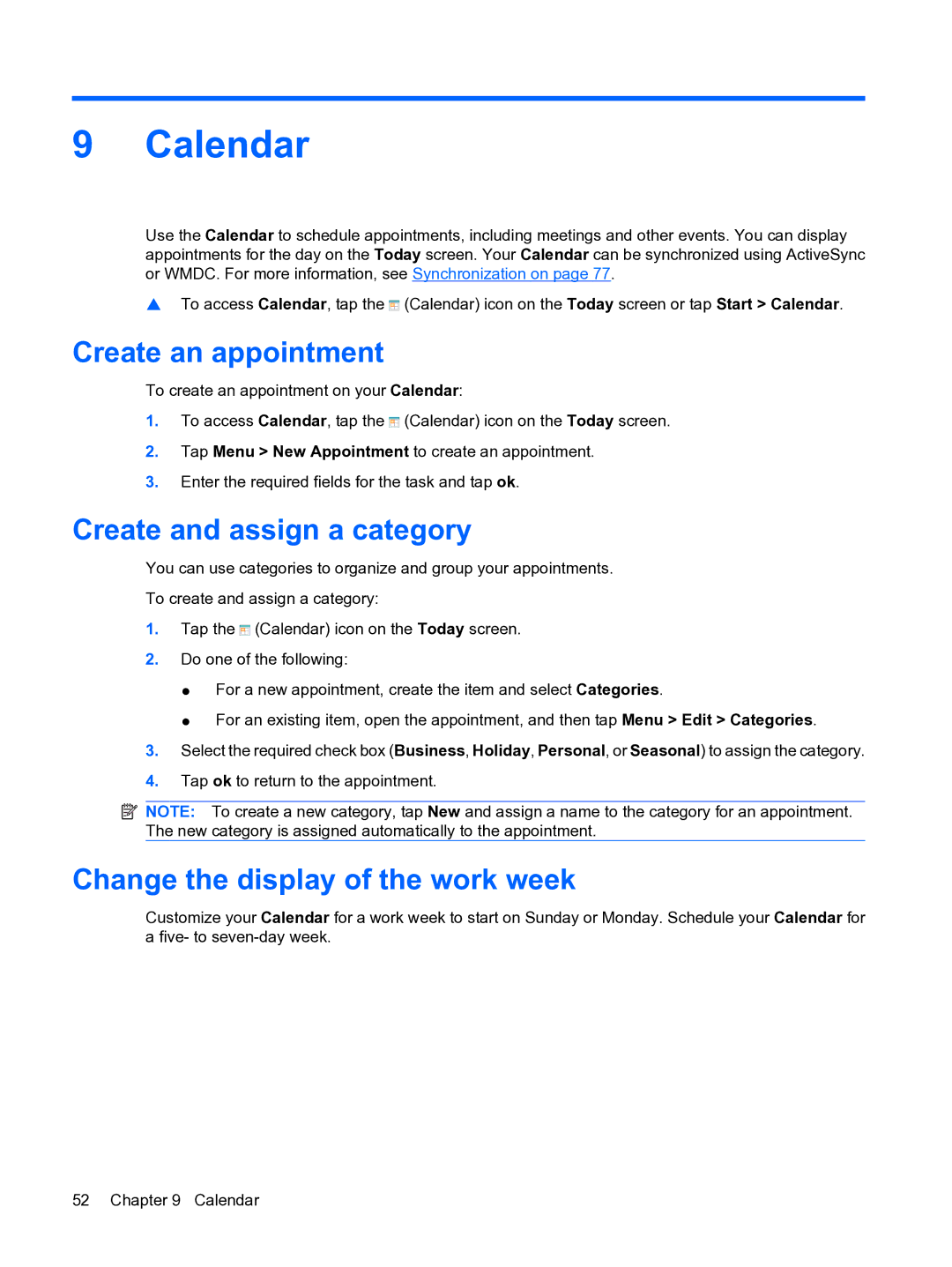 HP Data Messenger manual Calendar, Create an appointment, Change the display of the work week 