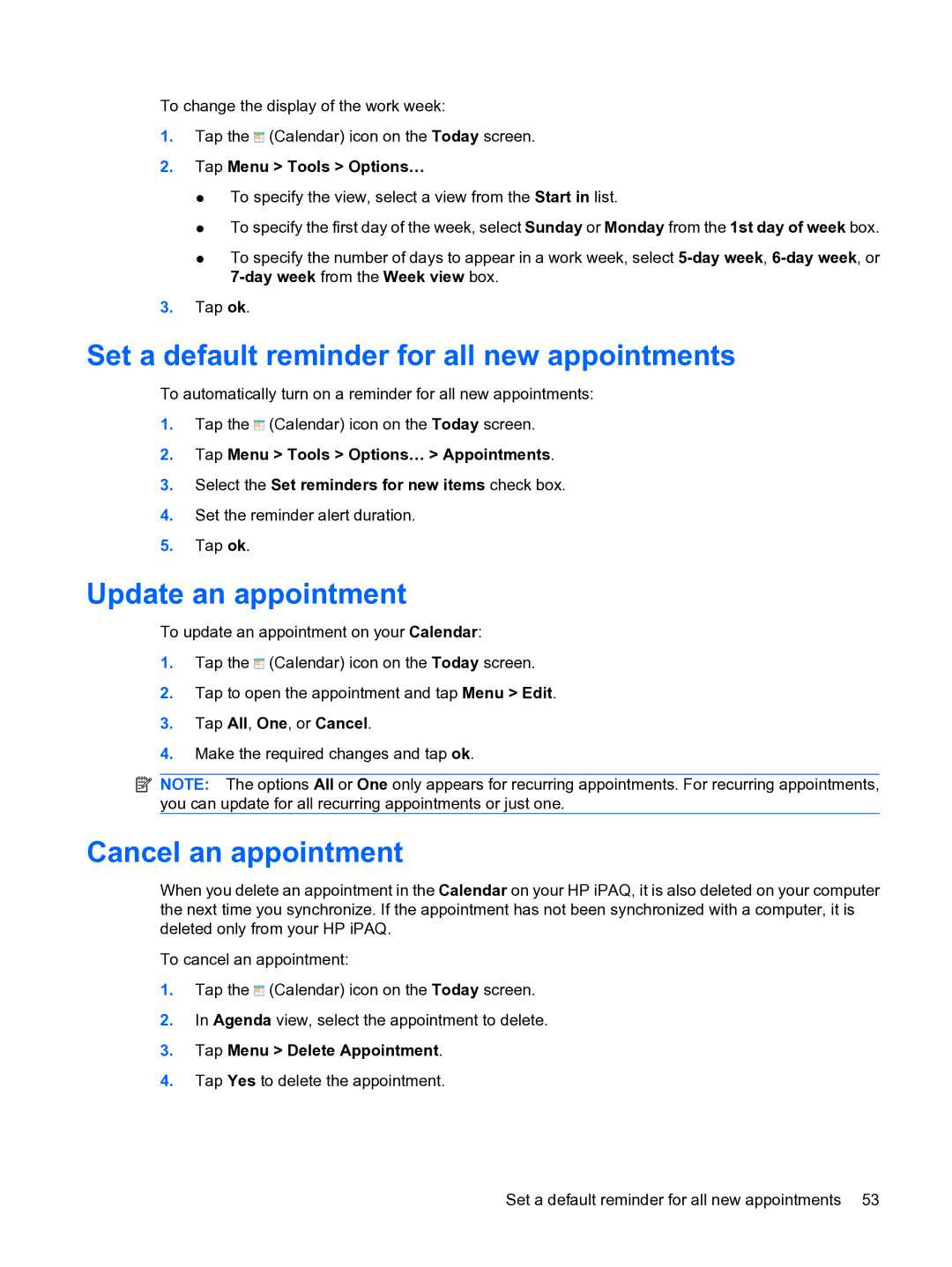 HP Data Messenger manual Set a default reminder for all new appointments, Update an appointment, Cancel an appointment 