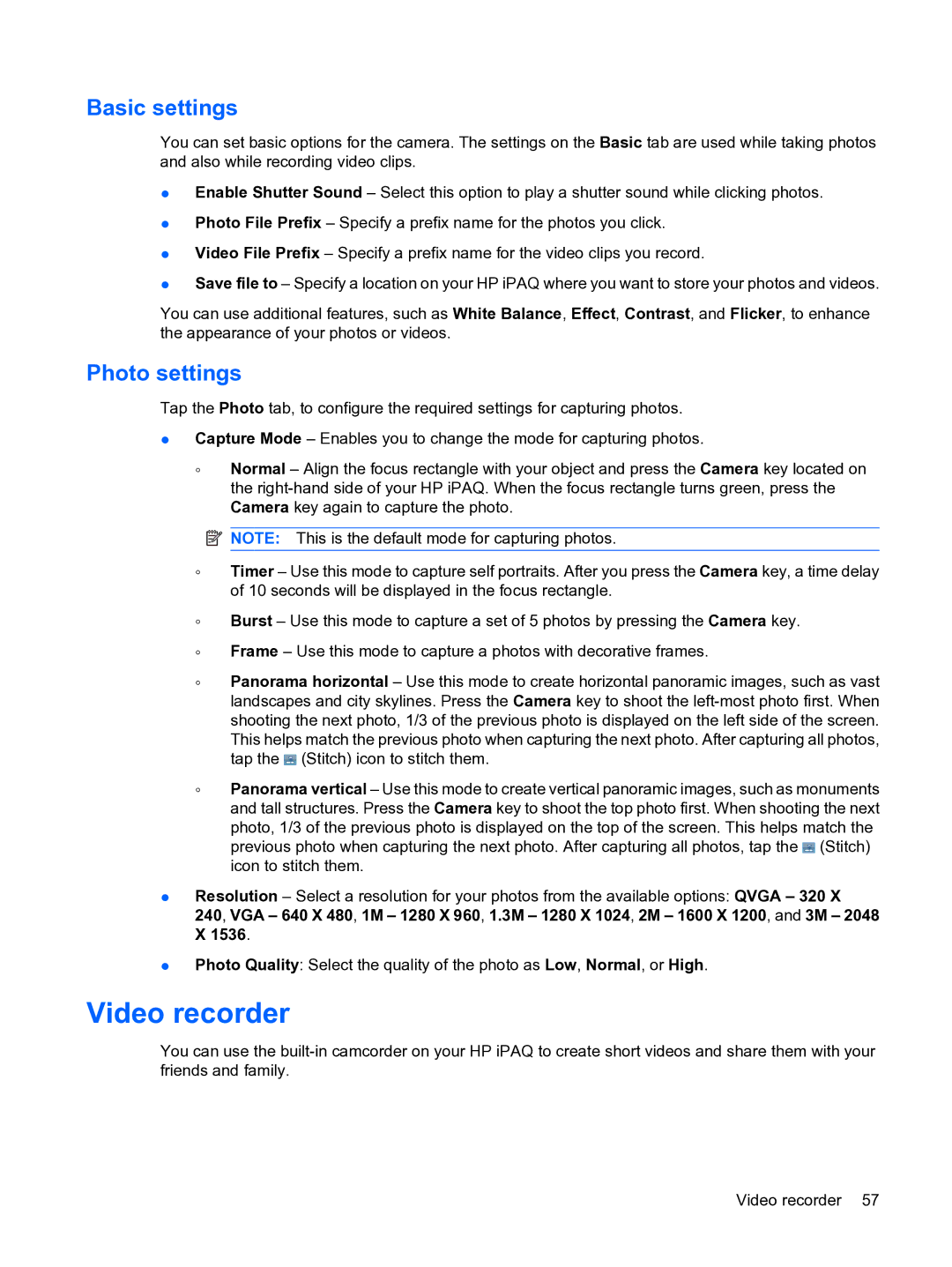 HP Data Messenger manual Video recorder, Basic settings, Photo settings 