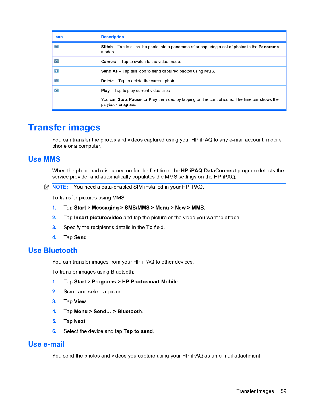 HP Data Messenger manual Transfer images, Use MMS, Use Bluetooth, Use e-mail 